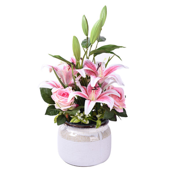 6 rosae Lilien, 3 rosa Rosen mit weißer Keramikvase image number 0