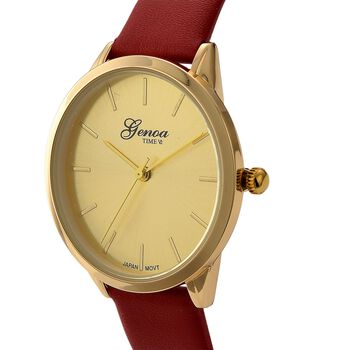 GENOA TIME - Armbanduhr Legierung, goldfarben, rotes Lederarmband, Zifferblatt Gold-Sunshine, 3 ATM wasserdicht