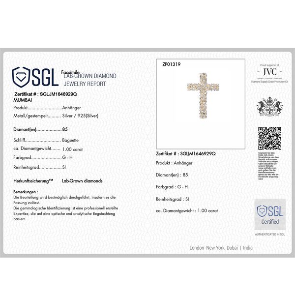 LUXURIANT SI-GH SGL zertifizierter Labor Diamant Kreuz Anh&auml;nger mit 50cm Kette, 925 Silber 750 Gelbgold Vermeil - 1 ct. image number 5