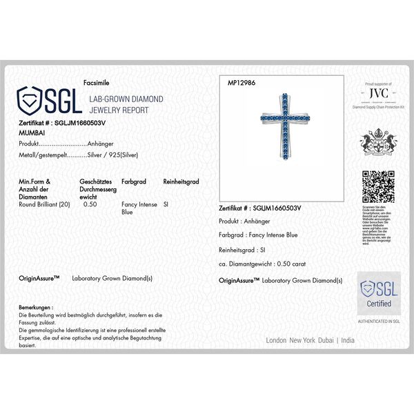 LUXURIANT DIAMOND - Lab Grown Blauer Diamant SI-GH SGL zertifiziert Anhänger mit Kette ca. 50 cm, 925 Silber rhodiniert ca. 0,50 ct. image number 6