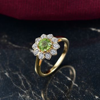 D'Joy Nat&uuml;rlicher Peridot, Wei&szlig;er Zirkon Ring 925 Silber vergoldet (Gr&ouml;&szlig;e 21.00) ca. 1.13 ct
