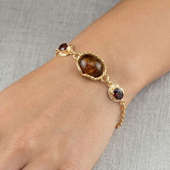 Nat&uuml;rlicher Baltischer Bernstein, Roter Zirkonia Armband ca. 19 cm 925 Silber vergoldet