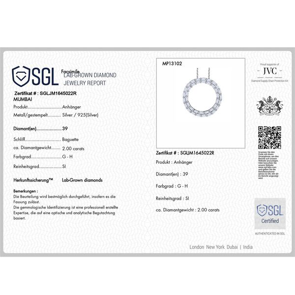 LUXURIANT SGL zertifizierter SI-GH Labor Diamant Anhänger mit 50cm Kette, 925 Silber rhodiniert - 2 ct. image number 6
