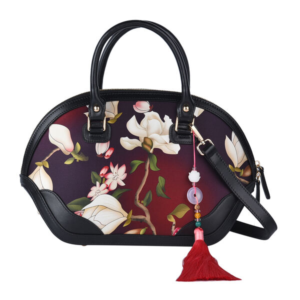 Seidenbrokat Tasche aus 100% Leder mit nat&uuml;rlicher Jade Quaste, Gr&ouml;&szlig;e 35x23x13 cm, Schwarz