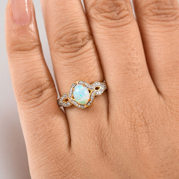 AA Nat&uuml;rlicher, &auml;thiopischer Welo Opal, Wei&szlig;er Zirkon Ring 925 Silber 750 Gelbgold Vermeil (Gr&ouml;&szlig;e 18.00) ca. 1,24 ct image number 2