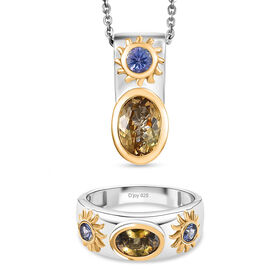D'Joy goldener Tansanit und lila Tansanit zweifrabiger Ring und Anhänger mit 50cm Kette