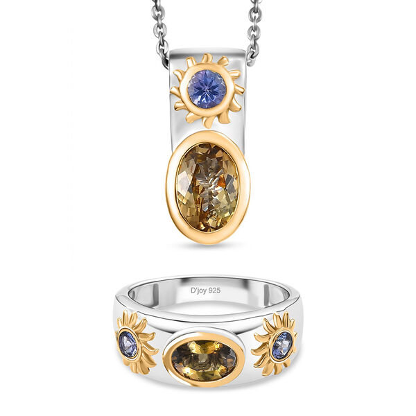 D'Joy goldener Tansanit und lila Tansanit zweifrabiger Ring und Anhänger mit 50cm Kette image number 0