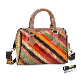 Chaos by Elsie Crossbody-Tasche aus echtem Leder, Multicolor mit glänzender Krokoprägung im Streifenmuster, RFID-Schutz und Mini-Taschenlampe, 26x14x19 cm