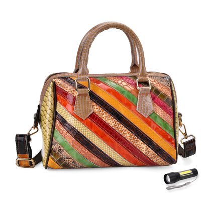 Chaos by Elsie, Crossbody-Tasche aus echtem Leder, Multicolor mit gl&auml;nzender Krokopr&auml;gung im Streifenmuster, RFID-Schutz und Mini-Taschenlampe, ca. 26 x 14 x 19 cm