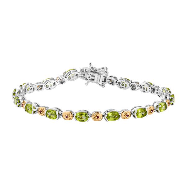D'joy Nat&uuml;rlicher Peridot, Nat&uuml;rlicher Rhodolith Granat Armband ca. 19 cm 925 Silber Rhodiniert und 750 Gelbgold Vermeil ca. 7.61 ct