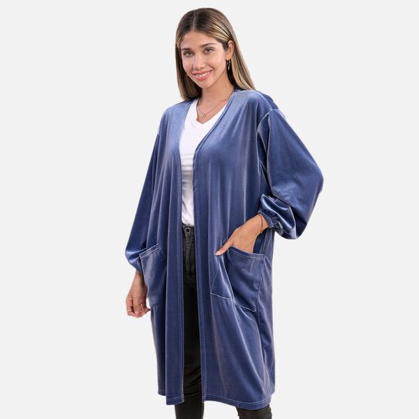 Lange Strickjacke aus Samt, Blau image number 3