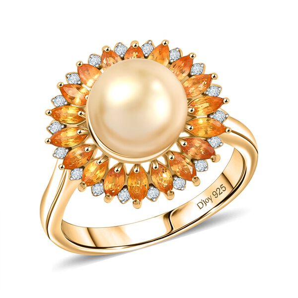 D'Joy AA Goldene S&uuml;dsee Perle (9-11 mm), Gelber Saphir Ring 925 Silber 750 Gelbgold Vermeil (Gr&ouml;&szlig;e 20.00) 8.43 ct image number 3