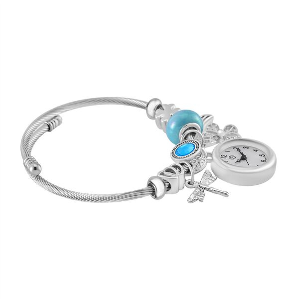 STRADA - Japanisches Uhrwerk mit wei&szlig;em Kristall, Stahl-Glanz, blaue Perlen und Charms, Edelstahl image number 3