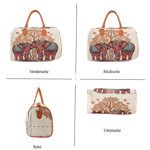 "Life style Color:White with red elephant print /Profile:Duffel bag wall(exterior):Polyester    Lining(interior): polyester; Pockets(exterior):Zipped-1 Pockets(interior):none Measurement:45*23*27cm         " image number 5