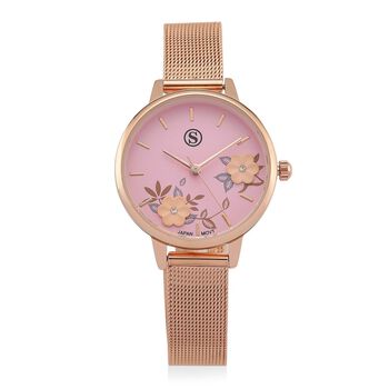 STRADA Uhr mit Japanischem PC21S Werk, Edelstahl-Mesharmband, florales Zifferblatt Rosa mit Wei&szlig;em Kristall, Ros&eacute;vergoldet