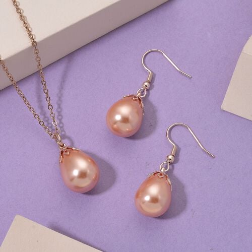 3er Set - Pfirsich Muschelperle Anhänger mit Kette und Ohrringe, Messing und Edelstahl image number 1
