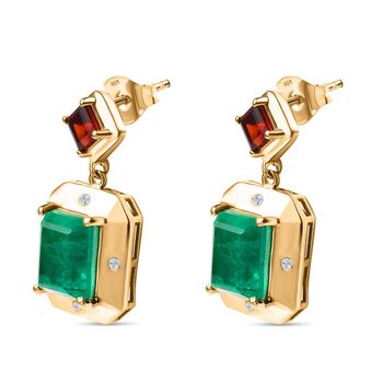 Smaragd-Quarz Triplette, Roter Granat Ohrringe 925 Silber 750 Gelbgold Vermeil ca. 7,12 ct.