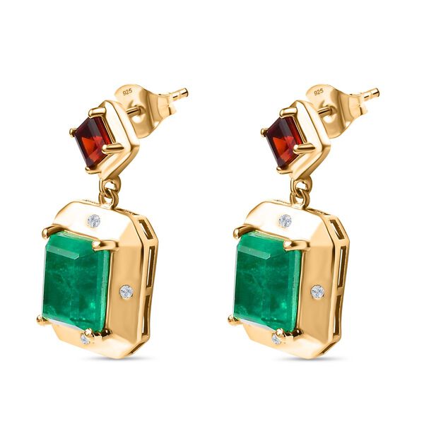 Smaragd-Quarz Triplette, Roter Granat Ohrringe 925 Silber 750 Gelbgold Vermeil ca. 7,12 ct. image number 4