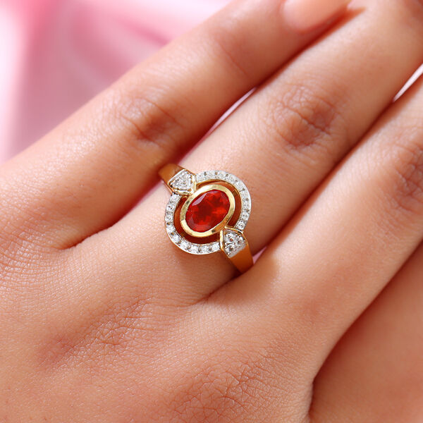 Mexikanischer Kirschfeuer-Opal und Zirkon Ring 925 Silber vergoldet  ca. 0,83 ct image number 2