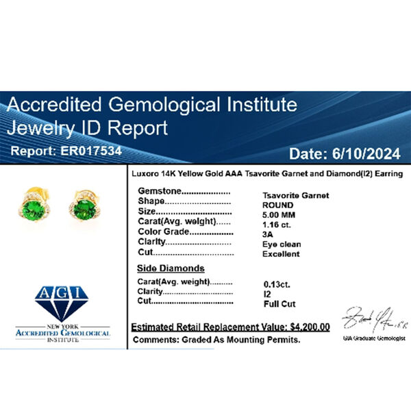 LUXORO zertifiziert und geprüft AAA Tsavorite Granat und Diamant Ohrringe in 585 Gold - 1,29 ct. image number 5