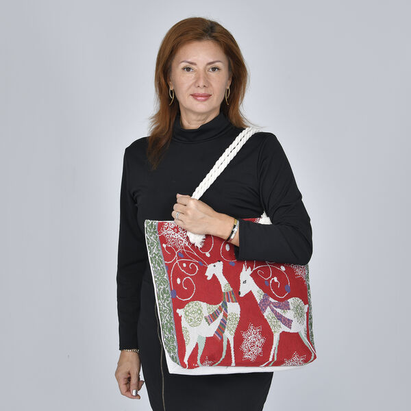 Jute Handtasche, Rentier Muster, Gr&ouml;&szlig;e 42x34x9x37 cm, Rot image number 1