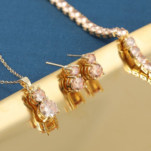 4er Set, Champagner Zirkonia Armband, Anhänger mit Kette und Ohrringen, Messing ca. 17.60 ct image number 1