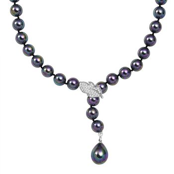 Pfaufarbene 10mm Muschelkernperle und wei&szlig;e Zirkonia 60cm Halskette