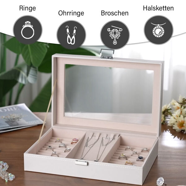 Schmuckorganizer aus Kunstleder mit Glasdeckel, 30x20x8,5cm, Beige image number 5