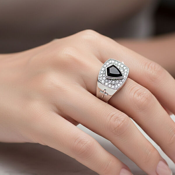 EVER TRUE AA Nat&uuml;rlich Schwarzer Obsidian, Wei&szlig;er Zirkonia Ring Nickelfreies Messing (Gr&ouml;&szlig;e 18.00) 5.78 ct image number 2