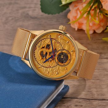 GENOA TIME V2 - Automatische mechanische Uhr mit Drachenmuster und Edelstahl-Mesharmband, 23 cm, vergoldet, ca. 89,00g