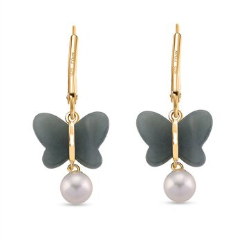 D'Joy EXTREM SELTEN - Nat&uuml;rlicher Olmek Jadeit, Wei&szlig;e S&uuml;&szlig;wasser Perle Ohrringe 925 Silber vergoldet