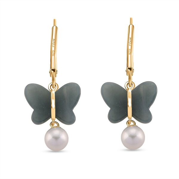 D'Joy EXTREM SELTEN - Natürlicher Olmek Jadeit, Weiße Süßwasser Perle Ohrringe 925 Silber vergoldet image number 4