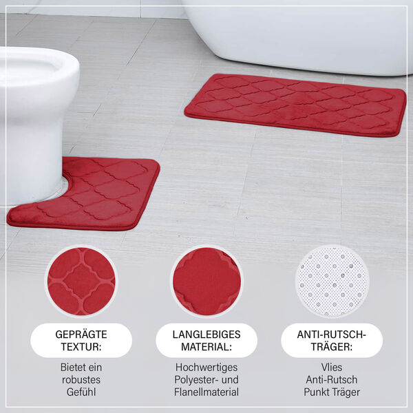 HOMESMART 2er-Set gepr&auml;gte Flanell-Badematte mit rutschfester Unterseite, Rot image number 1