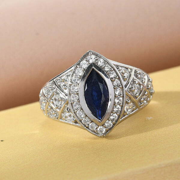 Masoala Saphir (Fissure gefüllt) und Zirkon Ring 925 Silber platiniert image number 2