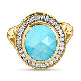 Amerikanischer, Nat&uuml;rlicher Sleeping Beauty T&uuml;rkis und wei&szlig;er Zirkon-Ring, 925 Silber Gelbgold Vermeil  ca. 3,80 ct