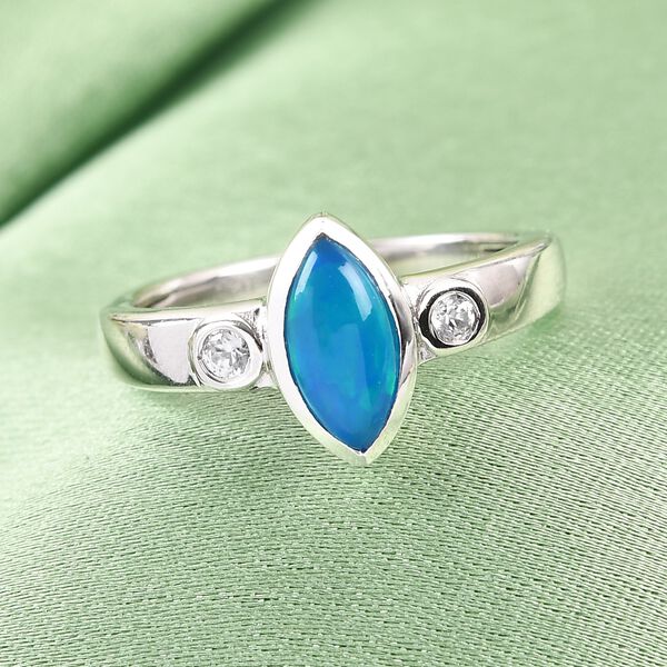 Blau gefärbter äthiopischer Opal und Zirkon Ring 925 Silber Platin-Überzug image number 2