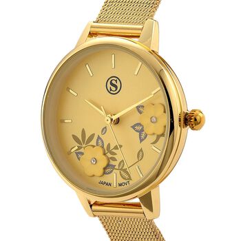 STRADA Uhr mit Japanischem PC21S Werk, Edelstahl-Mesharmband Goldfarben, florales Zifferblatt Gelb mit Wei&szlig;em Kristall