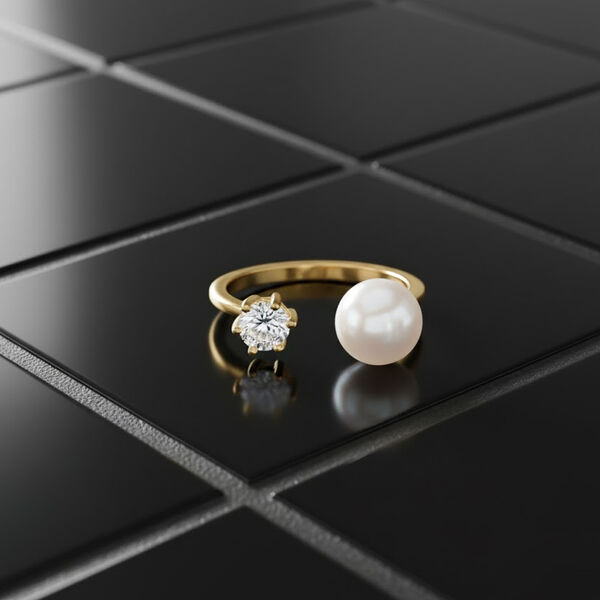 Wei&szlig;e S&uuml;&szlig;wasser Perle, Wei&szlig;er Zirkonia Ring Nickelfreies Messing, Goldfarben, Flexibles (Gr&ouml;&szlig;e 16.00-18.00) image number 2