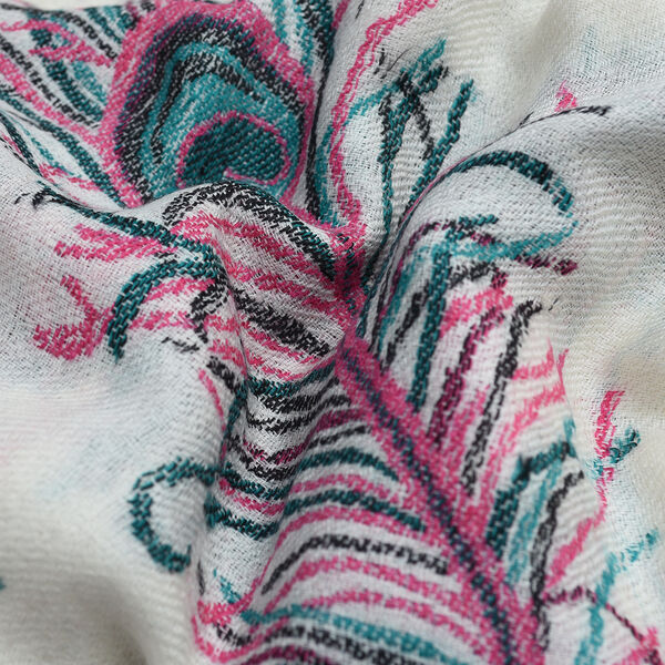 LA MAREY- 100% Kaschmirwolle Schal mit gewebten Federmotiven, Crème, 70x200cm image number 6