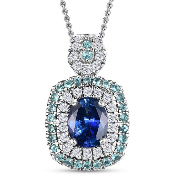 RHAPSODY zertifiziert und gepr&uuml;ft AAAA ceylonfarbener blauer Saphir, Paraiba Turmalin und VS Diamant Anh&auml;nger mit 45cm Kette in 950 Platin - 2 ct.