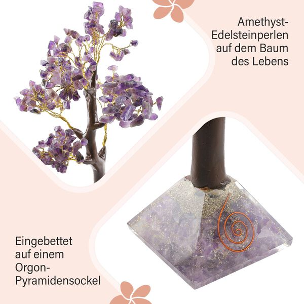 LIVMORE Edelsteinbaum mit Orgonit Basis, Amethyst, Sieben Chakren, 23cm, 230 Perlen, Lila image number 5