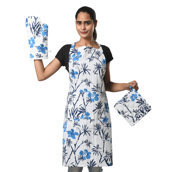 100% Baumwolle Küchen-Set, Schürze, Handschuh und Topflappen, Blumen, Weiß und Blau, 3 tlg. image number 2