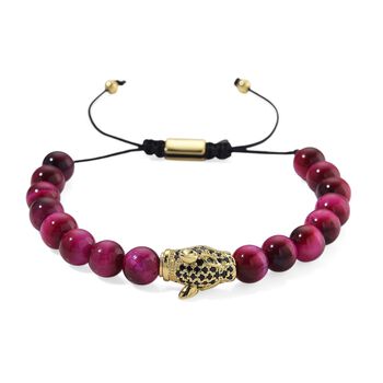 Fuchsia gef&auml;rbtes Tigerauge, Schwarzer Zirkonia Armband, flexibel, Messing