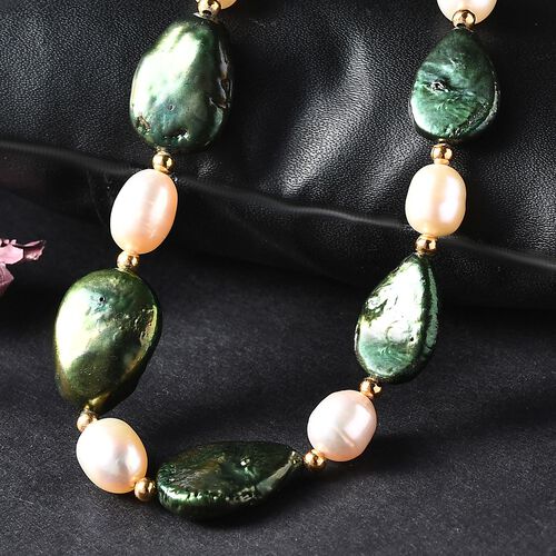 Gefärbte grüne Jade, Weiße Süßwasser Perle Halskette ca. 45 cm Edelstahl vergoldet 150.00 ct image number 1