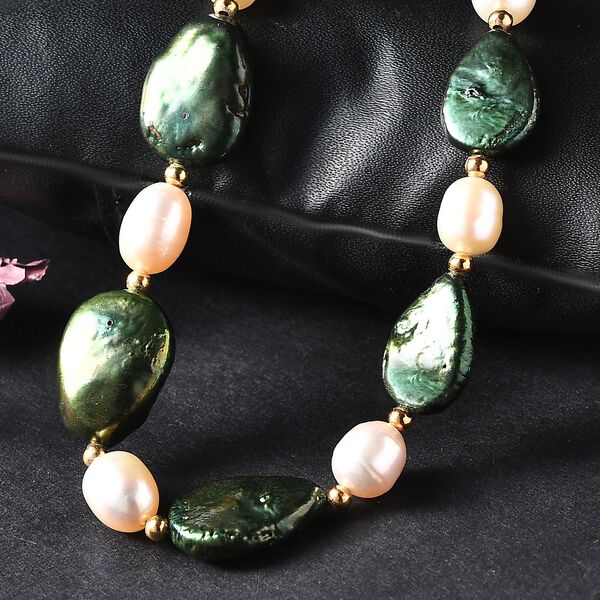 Gefärbte grüne Jade, Weiße Süßwasser Perle Halskette ca. 45 cm Edelstahl vergoldet image number 1