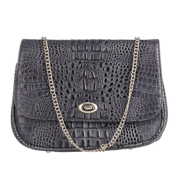 Umh&auml;ngetasche aus echtem Leder mit Kroko-Pr&auml;gung und Kettenriemen, Schwarz&nbsp;