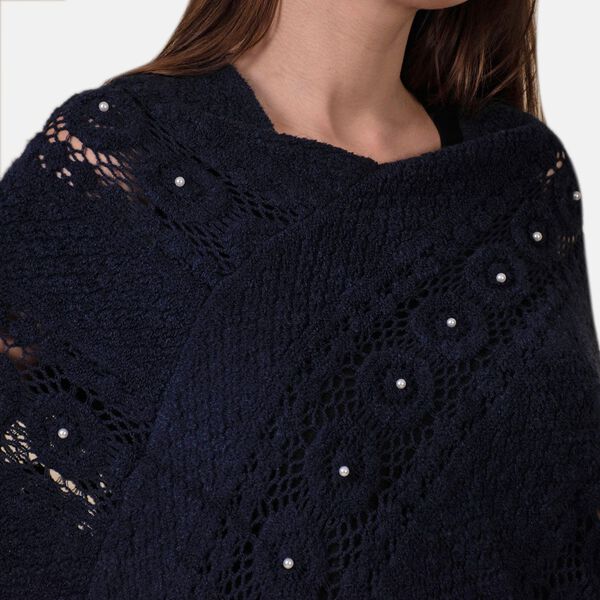 TAMSY- Strick-Poncho mit Perlen, Blau image number 3