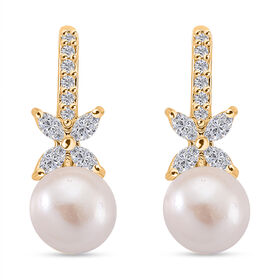 Weiße Süßwasser Perle (6-8 mm), Weißer Zirkonia Ohrringe Nickelfreies Messing