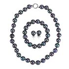 3er Set - Pfaufarbene Muschelkernperle Halskette ca. 50 cm, Armband-verstellbar, und Ohrringe Schmuckset, 316L Edelstahl