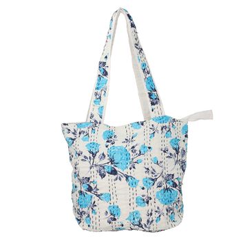 Kantha Schultertasche f&uuml;r Damen, Gr&ouml;&szlig;e 35,5x47 cm, Blau/Wei&szlig;